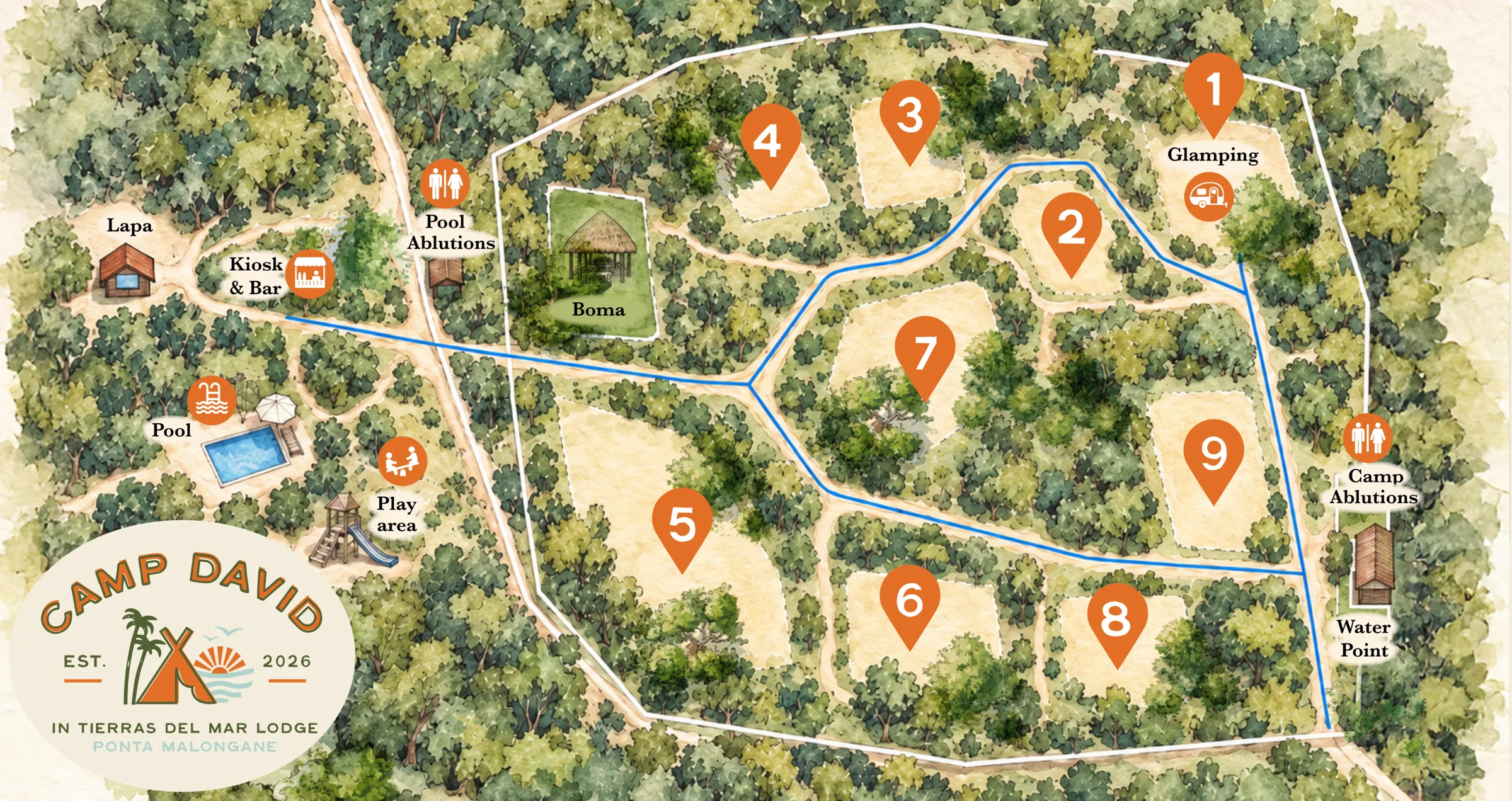 Confirmed Camp David site map showing Camps 1 to 9, roads, ablutions, pools, kiosk, boma and facilities