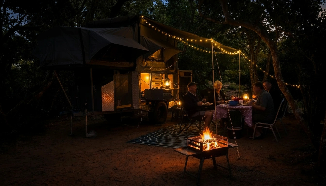 Guests laughing around a lantern-lit table in the sand at dusk