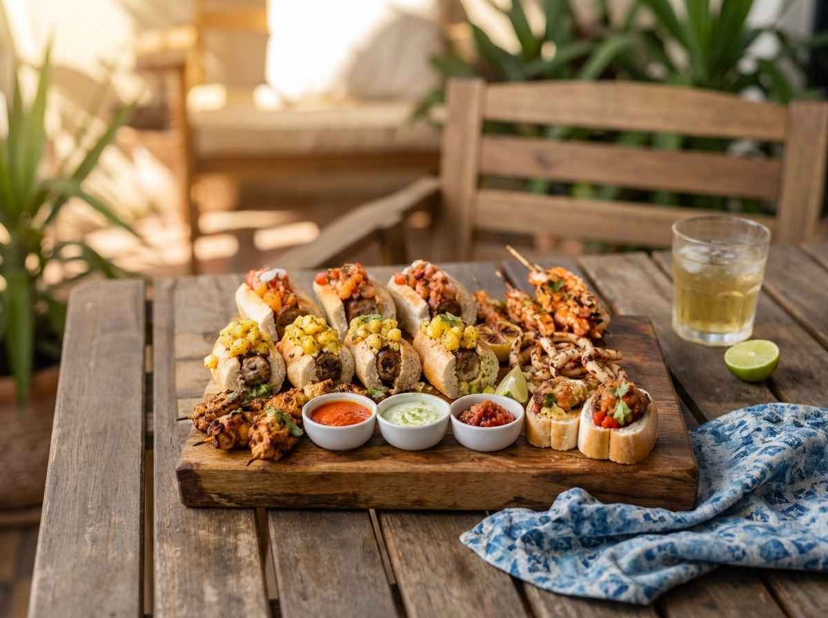 Prawns and skewers cooking over an open fire at Ponta Local Table